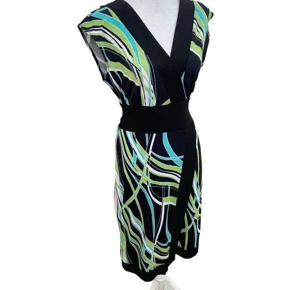 Frank Lyman v neck cap sleeve jersey knit dress black trim & belt graphic print - Picture 2 of 11